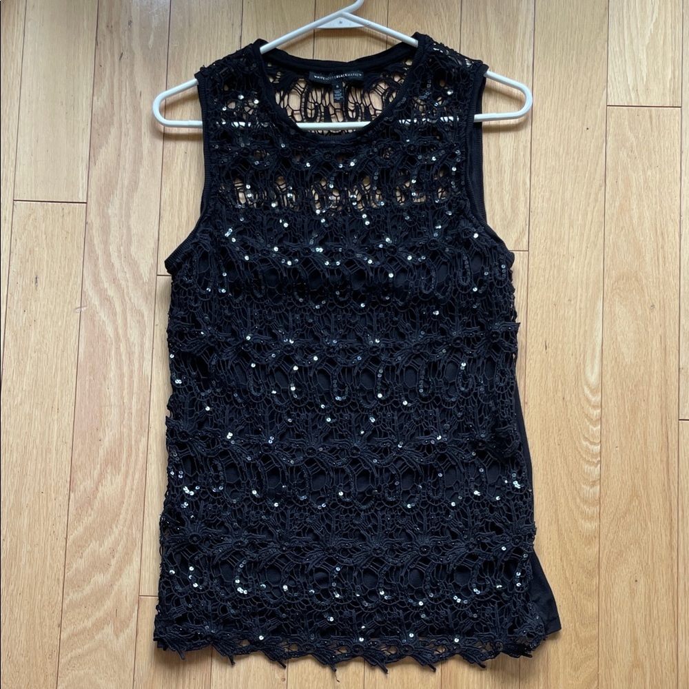 White House Black Market Black Lace and Sequin Sleeveless Top